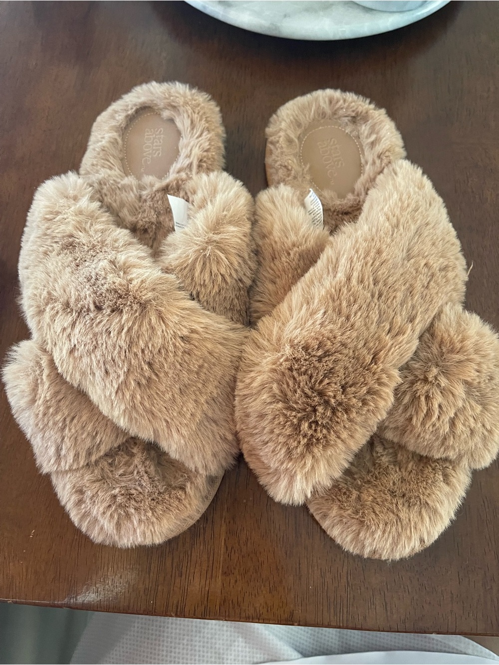 stars above Plush Crisscross Faux Fur Slide Slippers - Tan